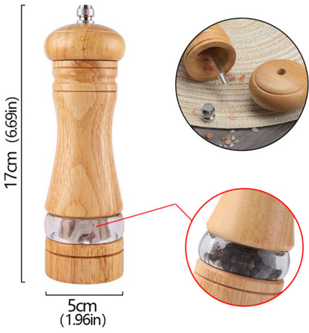 6 인치 수동 후추 분쇄기 고무 나무 아크릴 소금 셰이커 조정 가능한 세라믹 로터 리필 가능 오크 향신료 소금 연삭 병, [02] Primary color