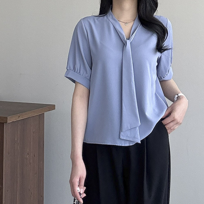 [행복여] 벨르 타이넥 셔링 반팔 블라우스