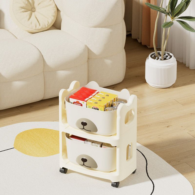寶寶玩具儲物架 落地可移動收納櫃 奶油風 4層, 1個, 陞級加厚耐摔帶滑輪移動方便奶白色2層