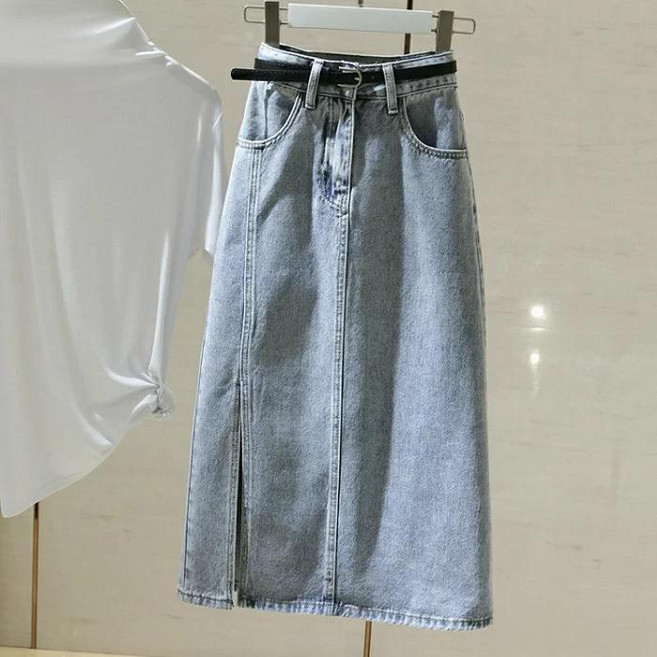 牛仔中長裙 A字裙 高腰 顯瘦 開衩裙