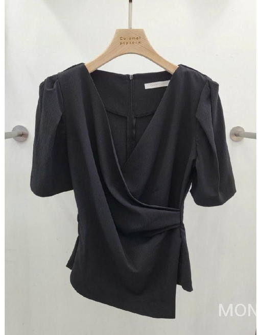 랩블라우스 셔링반팔티 브이넥 언발 랩디자인 어깨셔링