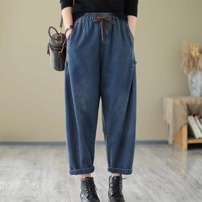 Makone 여성 청바지 빈티지 편안한 하이웨이스트 트랜드 캐주얼 데님 배기팬츠