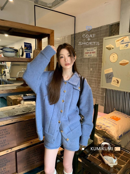 해피유통 여성 가을겨울 칼라넥 긴팔 니트 스웨터 카디건 세미 하이웨스트 와이드 반바지 투피스 why