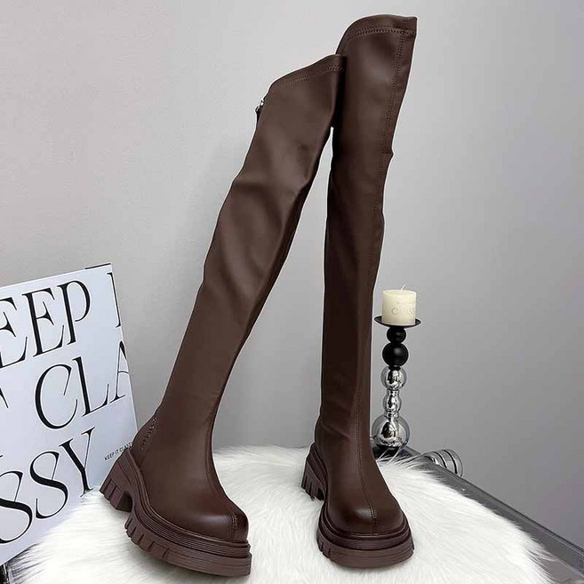 여성 롱부츠 가을 겨울 여성 두꺼운 밑창 키높이 긴 부츠 슬림핏 니하이 부츠 가을 겨울 JXH