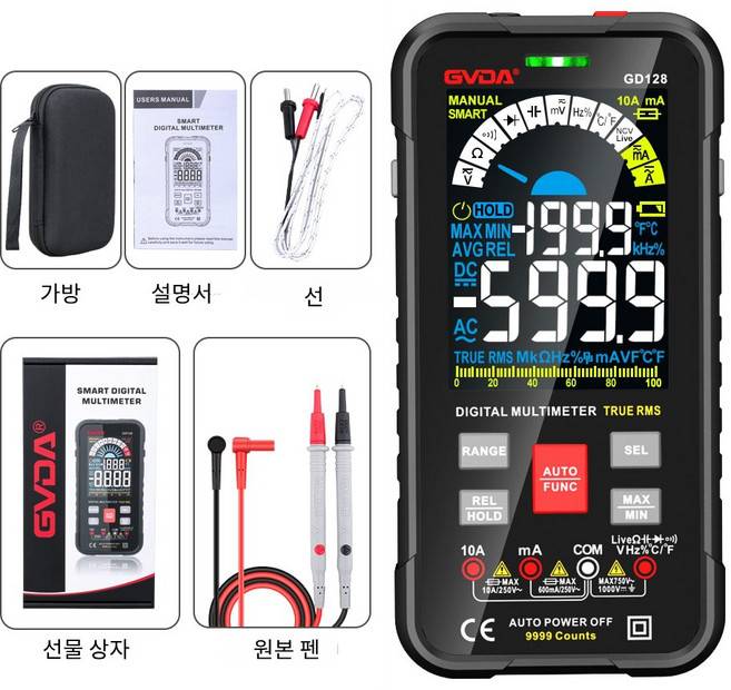 국내 빠른배송 GVDA GD128 전기테스터기 멀티 테스트기 디지털 멀티 미터기 블랙, 1개