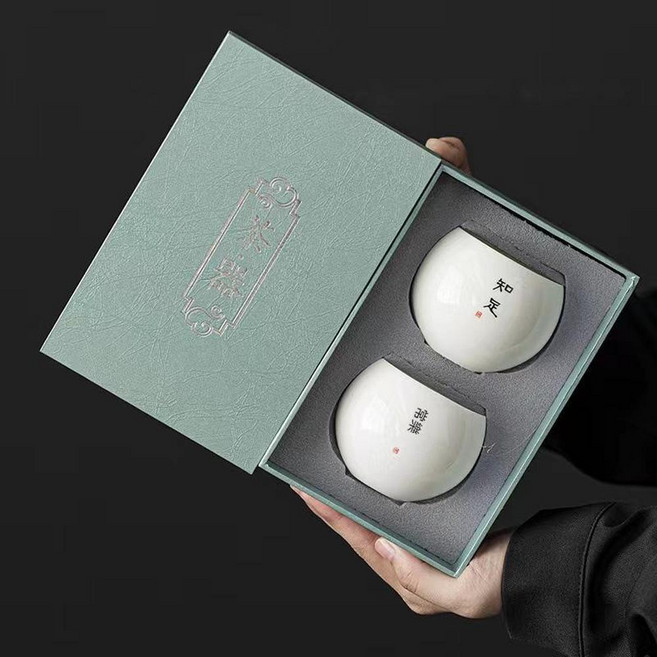 唐宋羊脂玉瓷品茗杯, 2杯禮盒不同字, 1個
