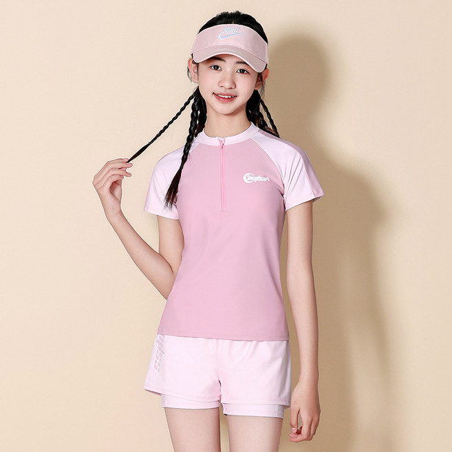 삐삐네옷가게 여아 주니어 테니스걸 하프집업 반팔 수영복 래쉬가드 상하 + 수영모