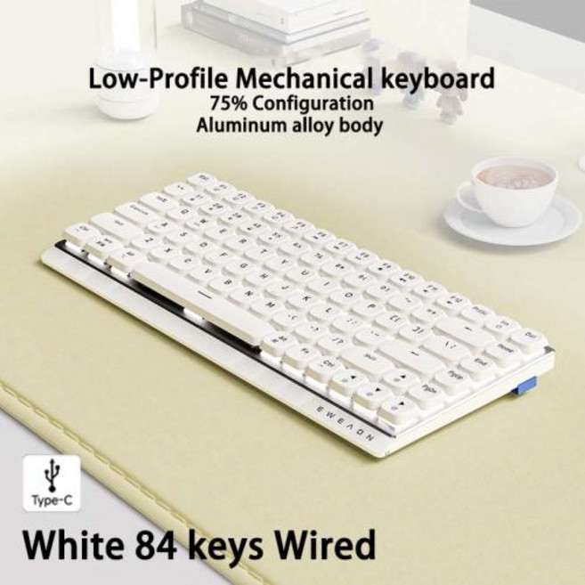 EWEADN MK84 로우 프로파일 게임용 기계식 키보드 자동 무선 블루투스 3 모드 휴대용 슬림 키보드 알루미늄 합금 패널, Low Profile Red, 1)White Wired