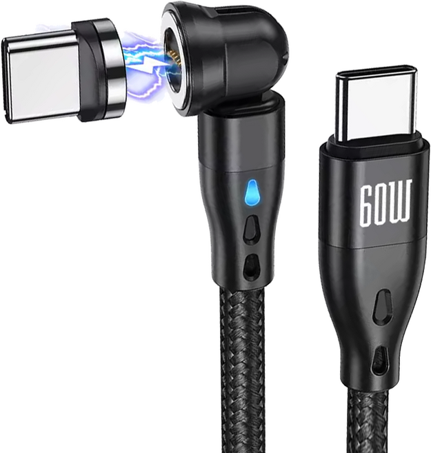 180도 회전 LED 60W 마그네틱 자석 휴대폰 고속 충전 케이블 패브릭, 1개, C to C 블랙, 1m