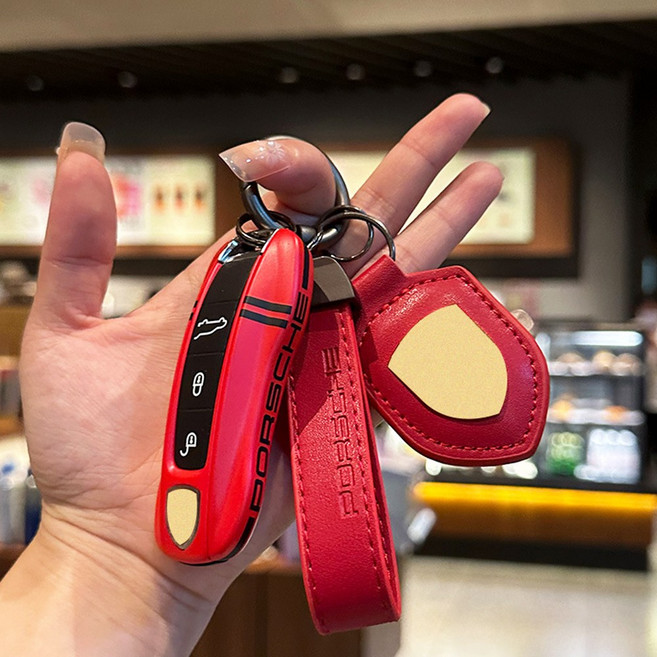 포르쉐 차 키케이스 키링 엠블럼 스트랩 세트, 신형포르쉐 키케이스+방패키링+스트랩, 자두레드