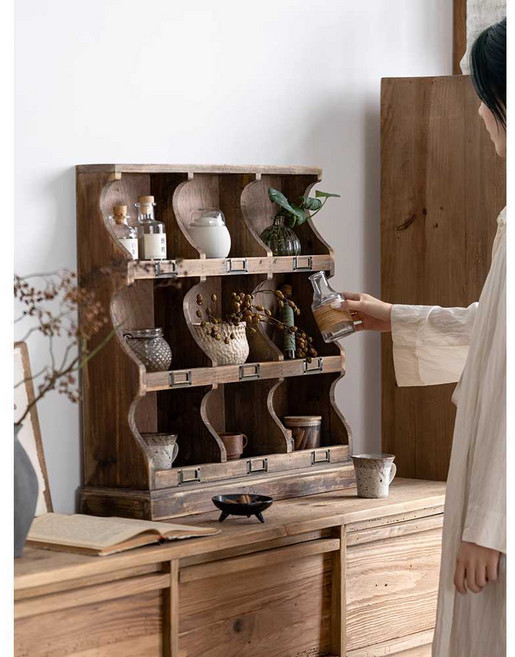 컵 진열장 선반 머그컵 빈티지 수납 홀더 우드 엔틱, 101x17x62cm 삼나무 15칸