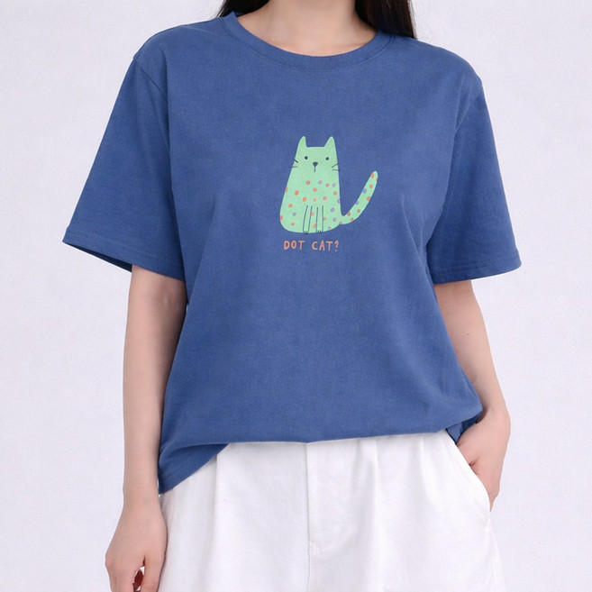 도트 냥 캐쥬얼 루즈핏 라운드 반팔 티셔츠
