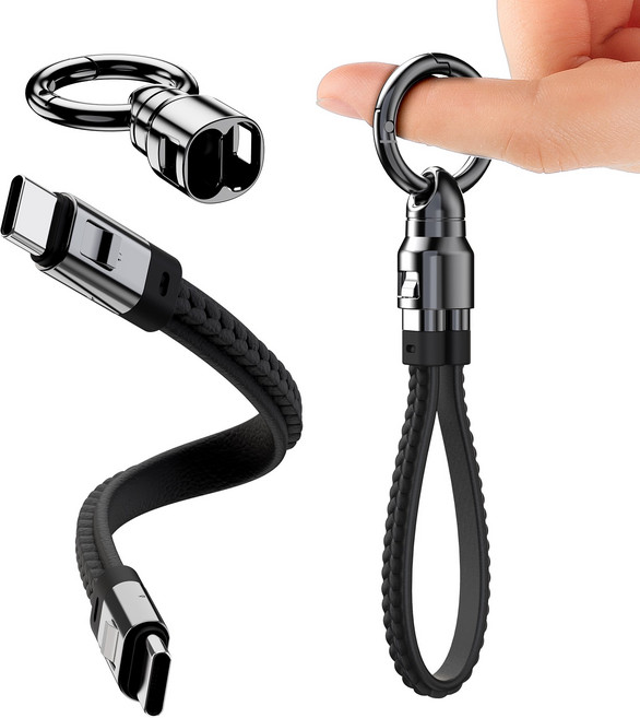 시카이 240W 초고속 가죽 미니 충전 케이블 20mm 열쇠고리형 휴대용 고속 케이블 미니 케이블 C to C 타입 여행용 외출용, 1개, 블랙 가죽, 20cm