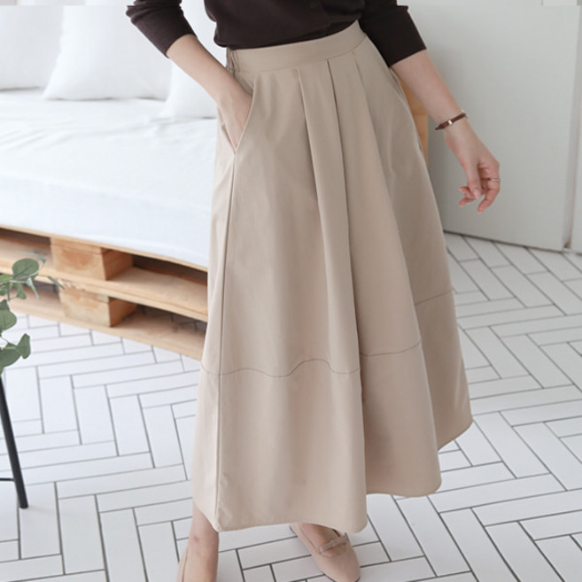 봉봉스토리 여성용 로제타 핀턱 A라인 롱 스커트 뒷밴딩 포켓 데일리 치마