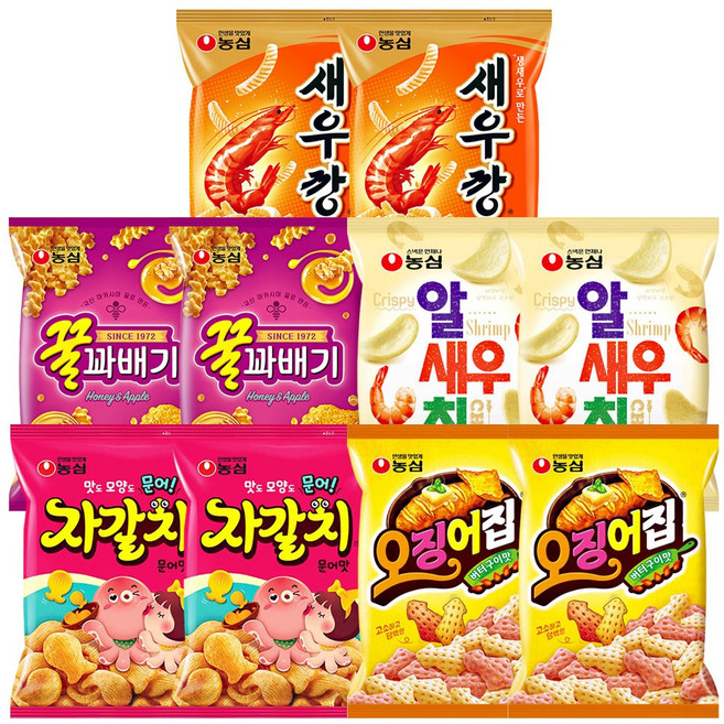 농심 봉지과자 세트(새우깡 꿀꽈배기 알새우칩 자갈치 오징어집), 2세트, 90g