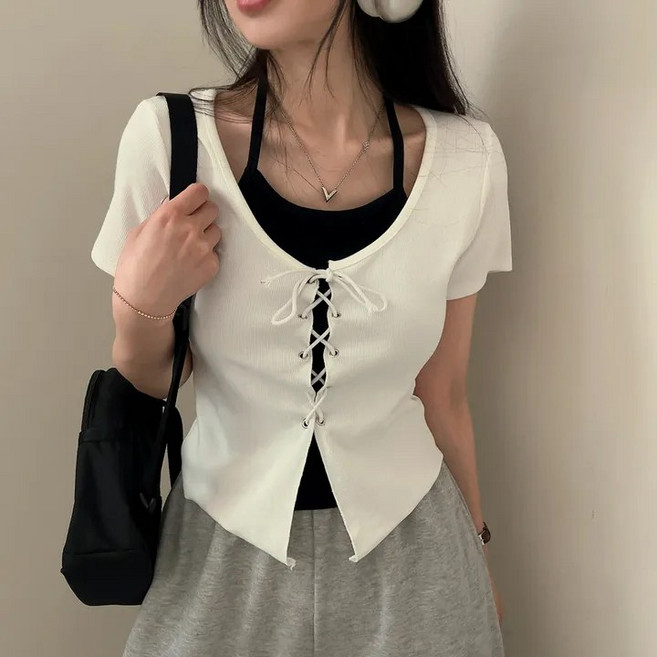 쪼예 봄 여름 배색 페이크 투피스 홀터 코르셋 반팔 크롭 티셔츠