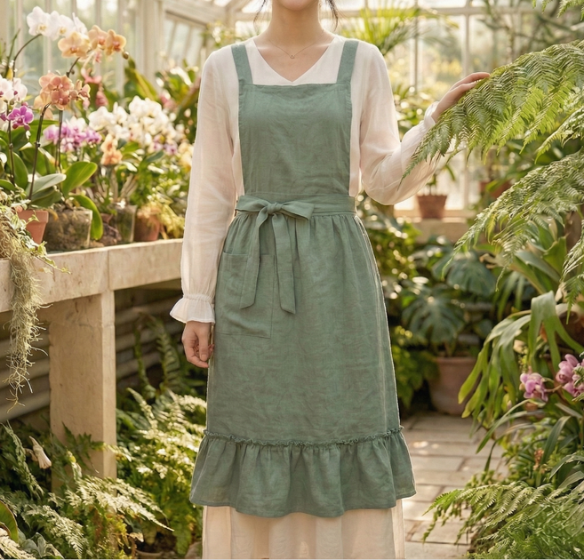 수수아벨 린넨 코튼 프릴 원피스 앞치마, 1개, 세이지그린