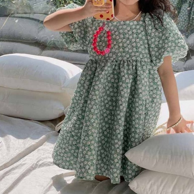 구빠방 아동 플라워 잔꽃 백리본 반팔 퍼프 볼륨 원피스