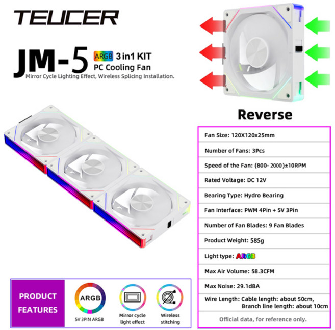 TEUCER JM5 컴퓨터 섀시 팬 12cm ARGB 케이블리스 모듈형 팬 키트 4Pin PWM 조용한 냉각 호환 수냉 라디에이터, 02Teucer JM-5-R-WH, [02] Teucer JM-5-R-WH
