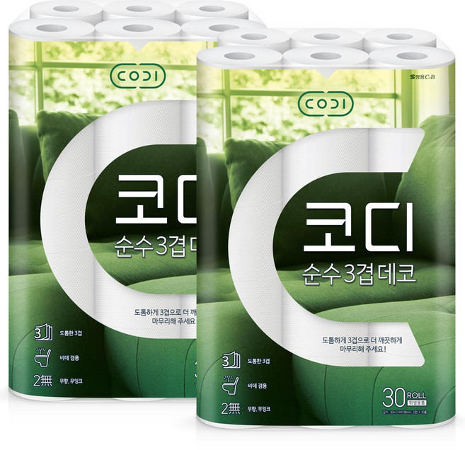 코디 순수 3겹데코 화장지, 30m, 30롤, 2개