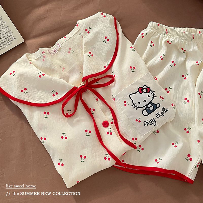 다나에 헬로키티 체리 리본 여성 반팔 잠옷 세트 소녀 수면 파자마 실내복+지아싱트레이드 머리끈