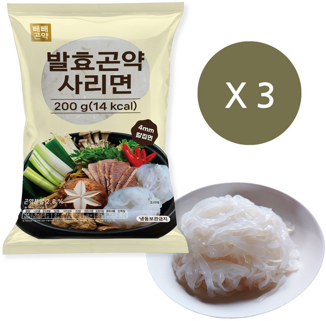 100g당 7kcal 빼빼곤약 발효곤약사리면 200g x 3팩, 3개