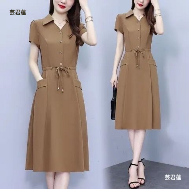 DFMEI 媽媽裝大碼時尚洋氣短袖連衣裙中老年女夏季新款收腰遮肚顯瘦裙子