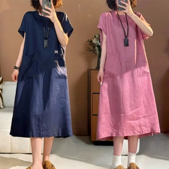 여름 면 마 원피스 라운드 솔리드 빅포켓 일자 루즈핏 반팔 린넨 롱원피스 여성 빅 사이즈 스커트