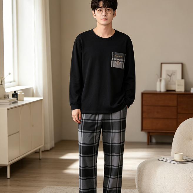 ANYOU 사계절 남성 파자마 세트 순면 홈웨어 긴팔 체크 팬츠 투피스