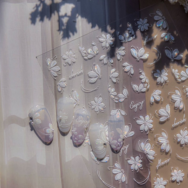 유니스뮬라 영롱 3D 엠보 진주오로라 플라워 네일스티커 네일꽃스티커 1+1, 2개, 화이트