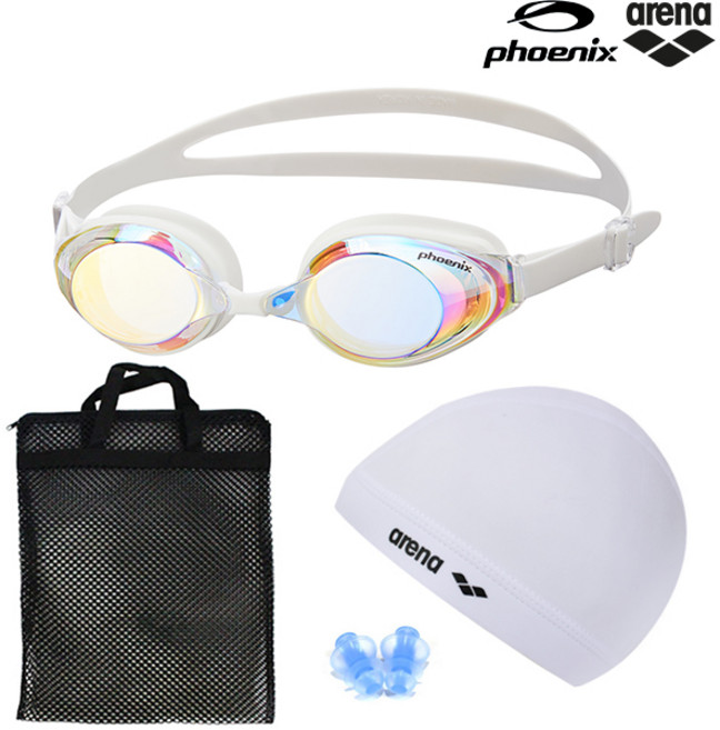 피닉스 코모도 미러수경 PN-1200M 물안경 스판수모 가방 귀마개 4종 세트, 미러수경(클리어)+스판수모(화이트)+망사가방(블랙)+귀마개(랜덤), 1개