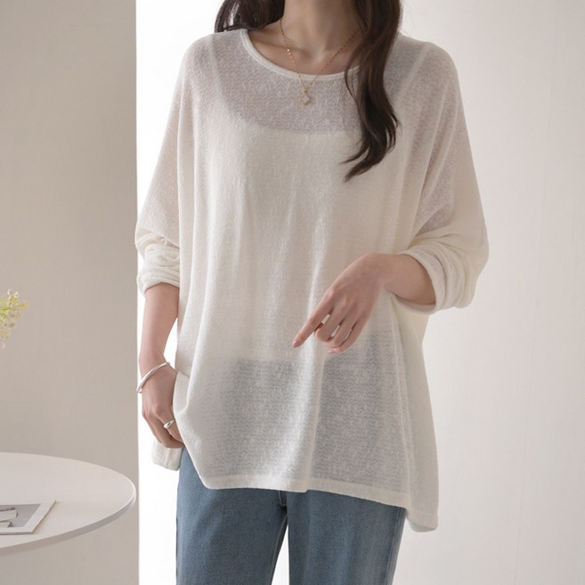 데일리앤 엘린 여성 레이어드 루즈핏 시스루 가오리 롱 니트 봄 여름 얇은 긴팔 여리핏 박시 티셔츠