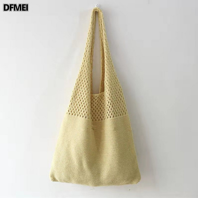 DFMEI 秋冬包包百搭編織斜挎針織純色手提包通勤大容量水桶包, 馬卡龍-奶油黃