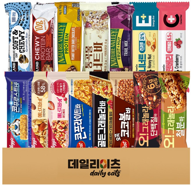 [데일리이츠] 에너지바 & 프로틴 단백질바 15종 (포스트 에너지바 + 켈로그 에너지바 오그래놀라 힘내고 네이처벨리 커클랜드), 1박스, 40g