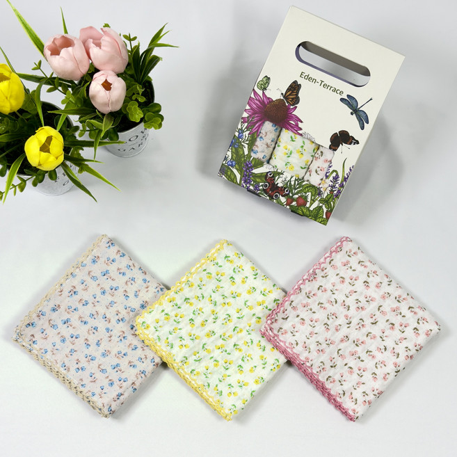 이든 테라스 손수건 여성 쁘띠 스카프 3장 1셋트 (고급 선물 케이스 포장) 면 80수 엠보 큐티 핀코트 A