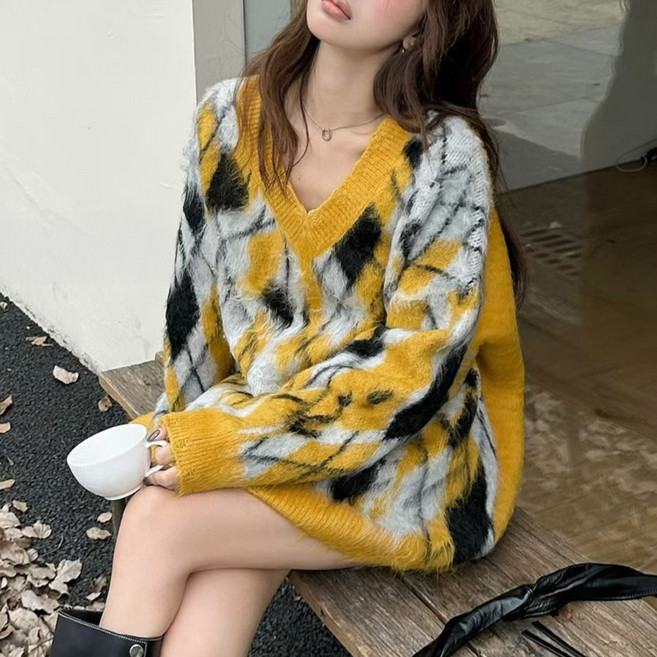 cammello 고퀄 브이넥 아가일 페이크퍼 니트 티셔츠 루즈핏 긴팔 스웨터