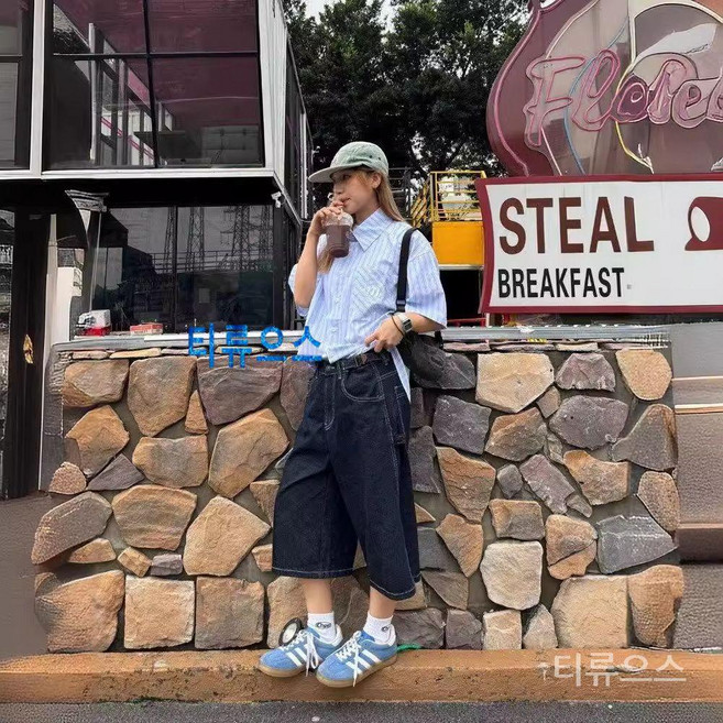 티류으스 데님팬츠 여름 6부 여성 청반바지 하이웨스트 진청 세미와이드 일자 통 키작녀 청바지