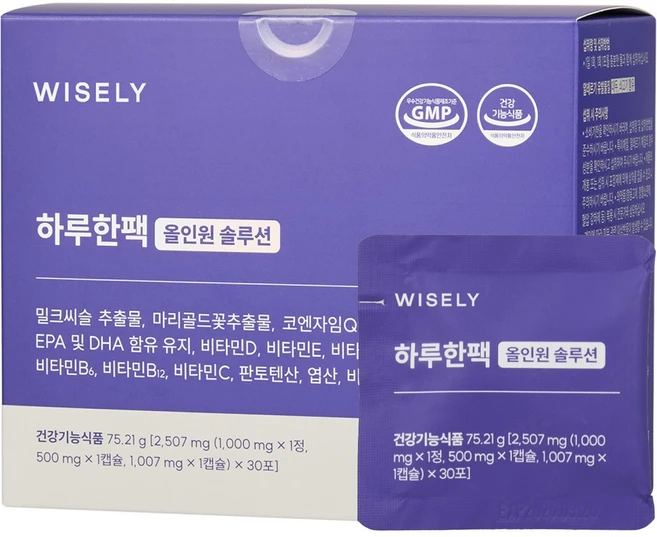 와이즐리 오메가3 멀티비타민 미네랄 밀크씨슬 루테인 아스타잔틴 코엔자임Q10 하루한팩 올인원 솔루션, 1개, 30회분 - 쿠팡