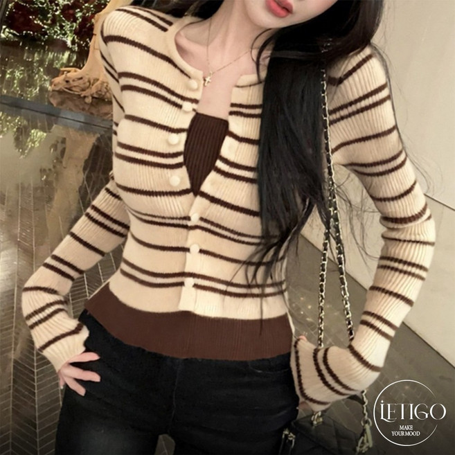 레티고 데일리무드 스트라이프 레이어드 라운드넥 니트