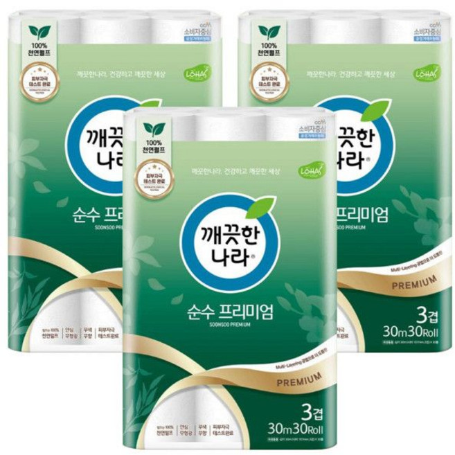 깨끗한나라 순수 프리미엄 화장지 30롤 3겹 30m 3팩