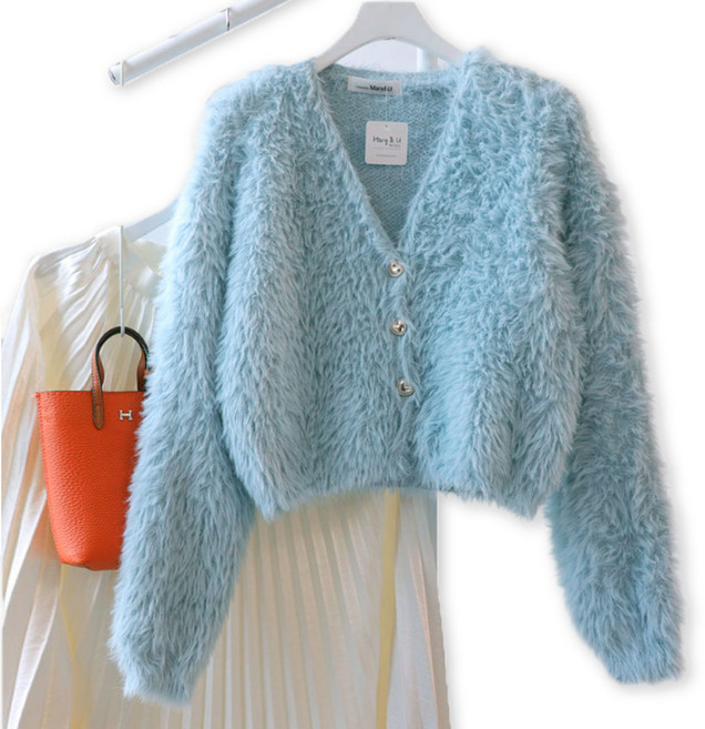 메리앤유 하트 단추 페이크 퍼 크롭 기장 복실 미니 가디건