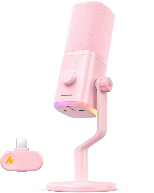 마오노 무선 USB 다이나믹 마이크 게이밍 방송용 스트리밍 보컬용 PD100W, 데스크 스탠드, 핑크