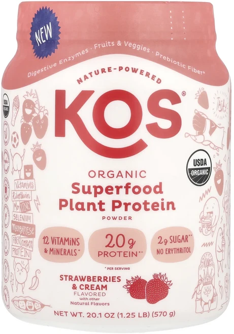 새해 건강을 선물하세요 KOS Organic Superfood Plant Protein Powder Strawberries & Cream 1.25 lb (570 g) 특별관리진행, KOSOrganicSuperfoodPlantProtei, 570g, 1개 - 쿠팡