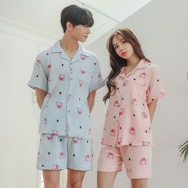 글램공감 커플용 순면 꿀꿀이 요루면 파자마 세트