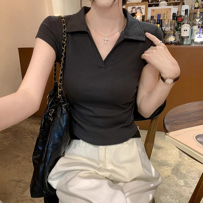 BROWMODA 여성 슬림핏 브이넥 카라 반팔 티셔츠