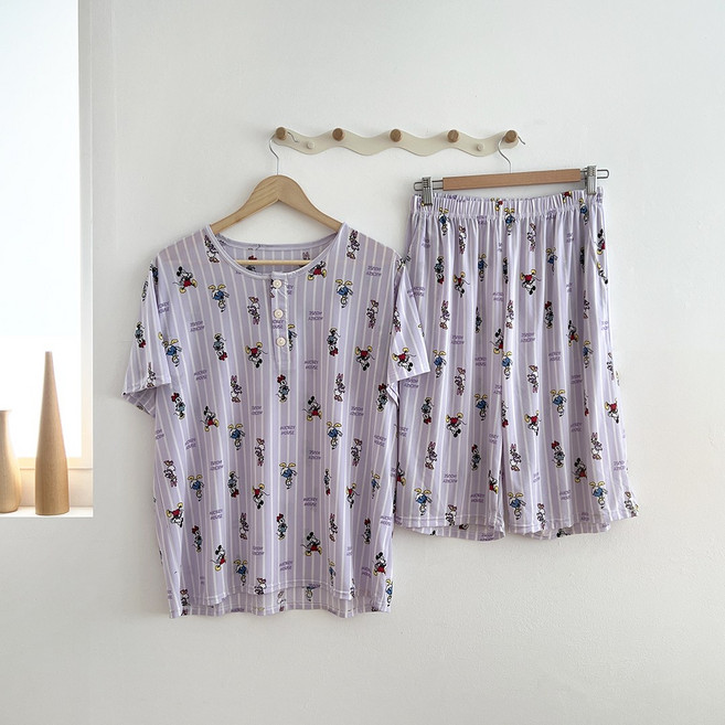 ECLL 커플 반팔 잠옷 부들 홈웨어 상하 세트