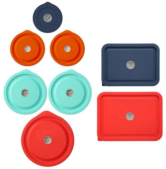 Pyrex 7200-PC 2컵 및 7201-PC 4컵 및 7402-PC 6/7컵용 교체 뚜껑 Anchor Hocking 유리 그릇용 실리콘 원형 보관 커버 뚜껑 6팩 레드, 혼합 색상 8팩 (레드, 블루, 아쿠아)