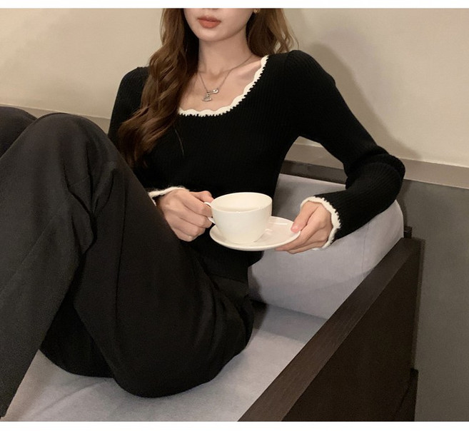 나열샵 NQ-394 여성 물결 라운드넥 슬림핏 골지 긴팔 니트