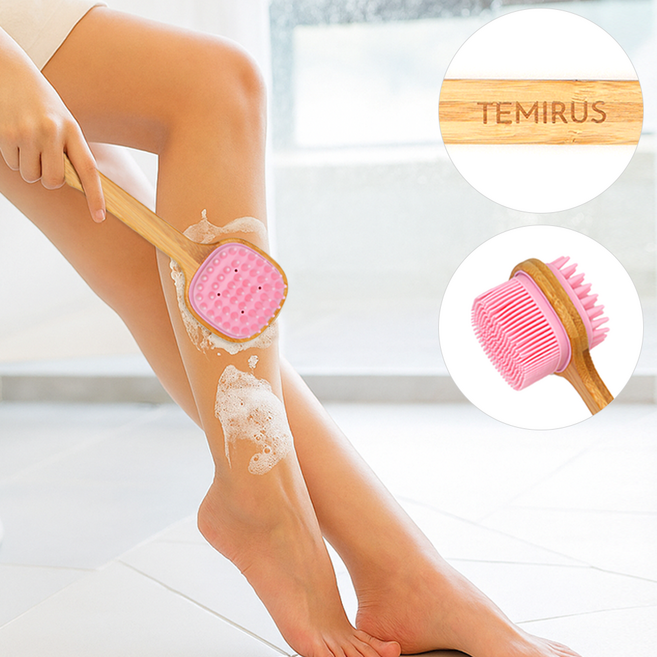 테미러스 우드 실리콘 바디 브러쉬, 핑크 양면 스틱, 1개, 1개입