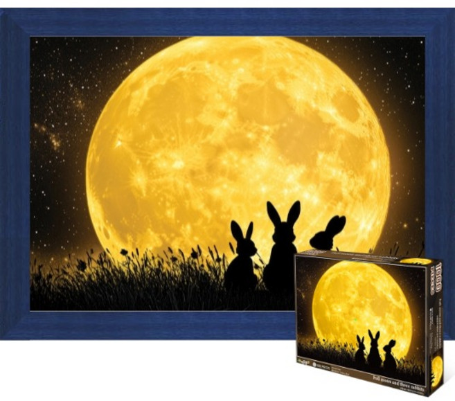 퍼즐피플 인테리어 직소퍼즐 8종 1000피스, 1개, 보름달과 세마리 토끼 1000피스 액자포함(우드블루)